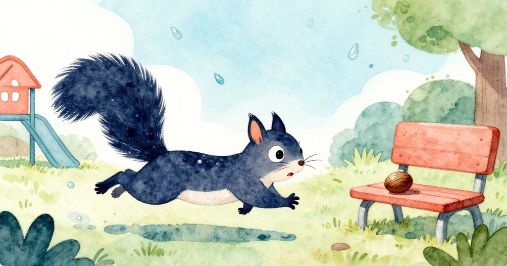 小松鼠急速穿行在漸退的水滴中，眼神堅定地盯著長椅上的堅果，動作中充滿緊張與期待。