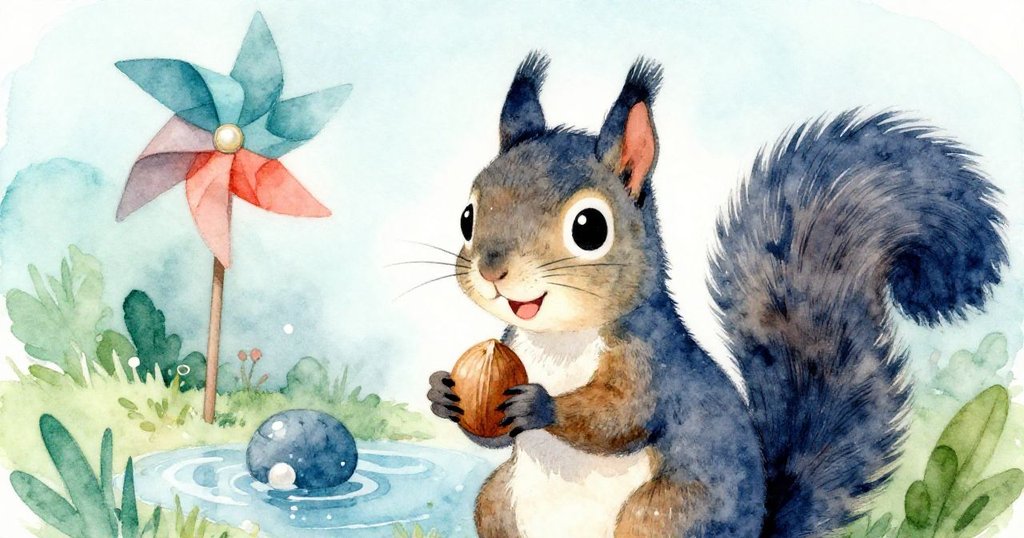 小松鼠滿足地用爪子握住一顆堅果，背景閃閃發光的水潭和旋轉的風車見證了故事的溫馨落幕。