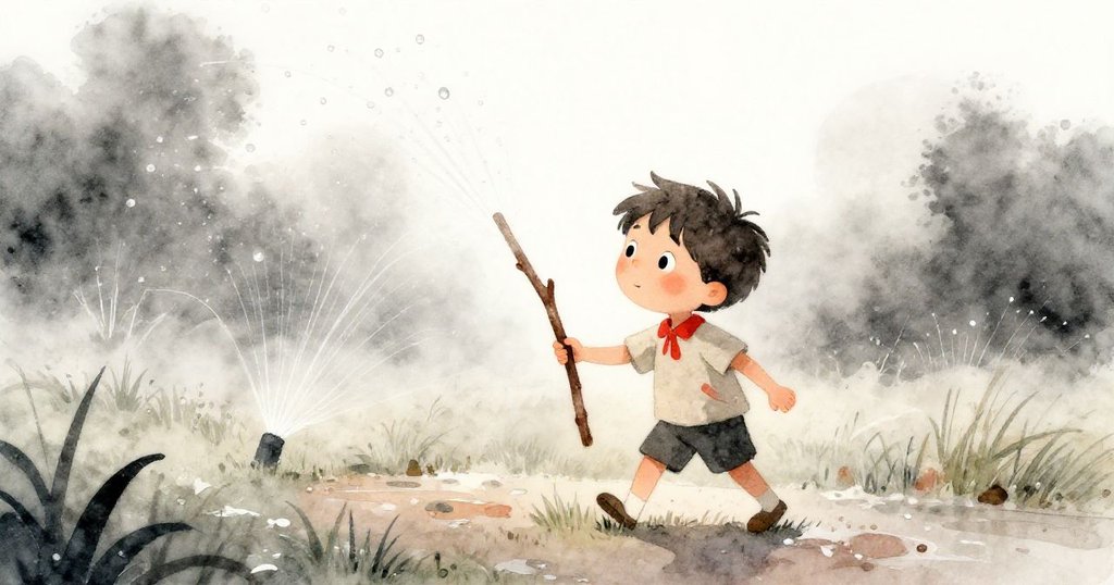 歐文在清晨薄霧中走在濕潤的草地上，握著細棍，露出堅定而好奇的笑容，背景是活躍的灑水器。