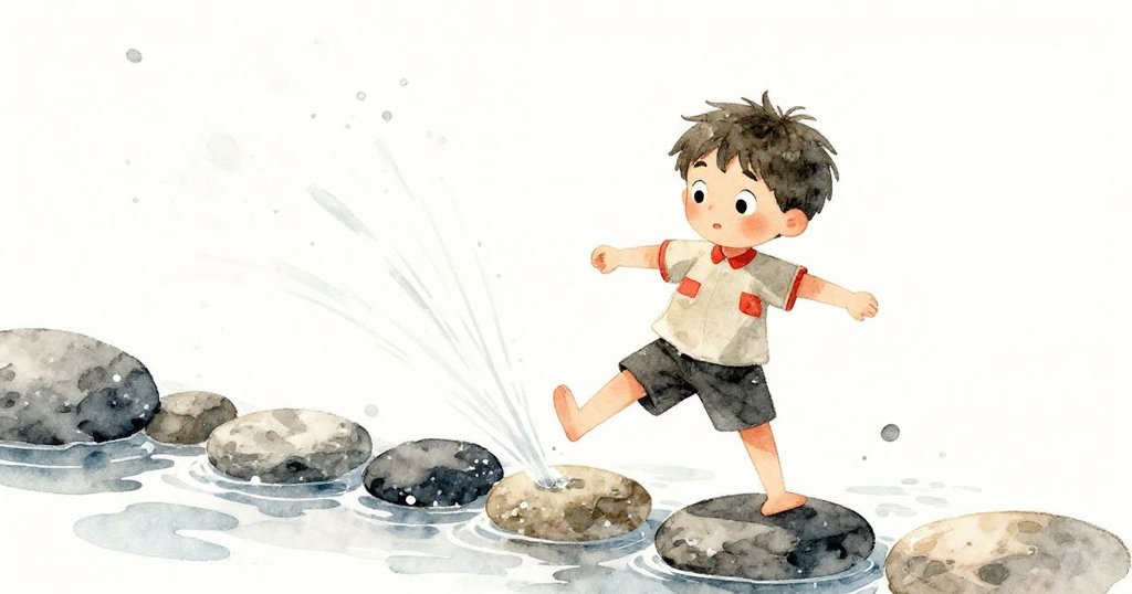 歐文在旋轉角度中急速跳躍於濕滑的石頭上，背景中的灑水器水花飛濺，彰顯了清晨活潑的氛圍。