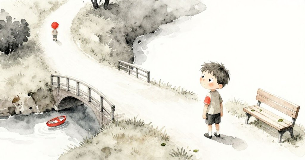 從高處俯瞰，一條蜿蜒小徑通向小橋和放著玩具船的景緻，旁邊的長椅上綠葉輕落，呈現平靜美景。