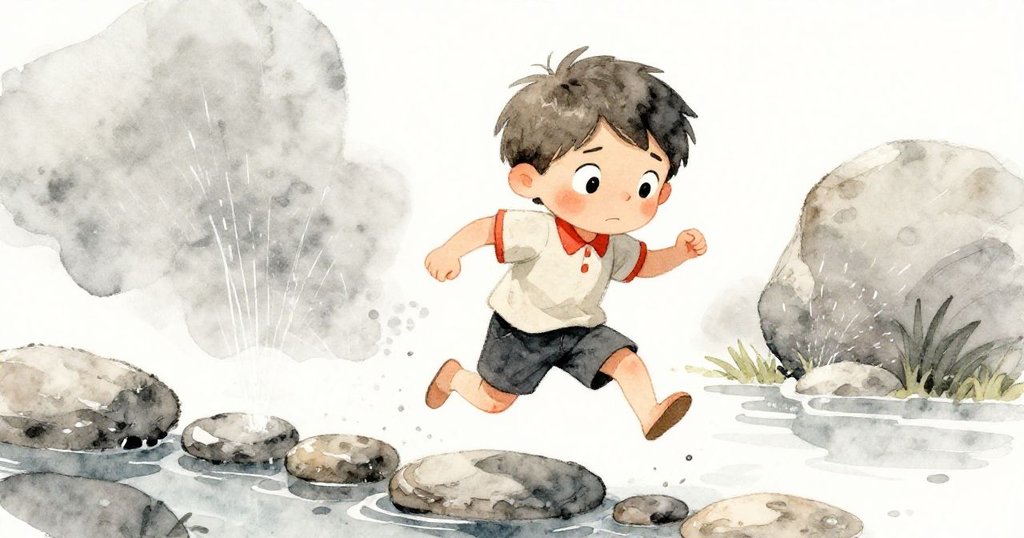 歐文在挑戰中全神貫注，臉上既堅定又帶些許緊張，正躍過濕滑的石頭，水花四濺映出晨光。