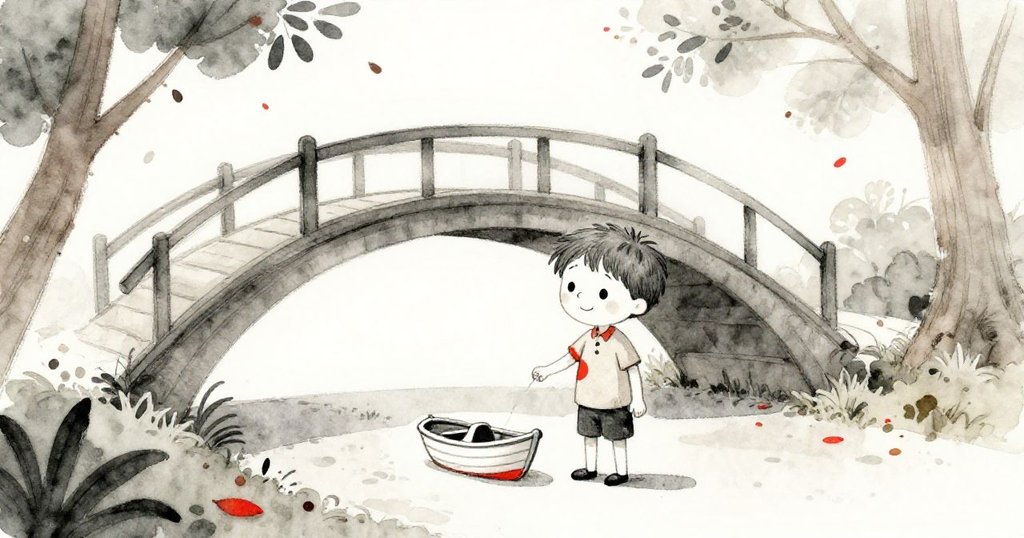 歐文在小橋下穩住玩具船，回望安靜小徑，臉上浮現勝利且溫柔的微笑，落葉緩緩飄散，寓意圓滿結局。