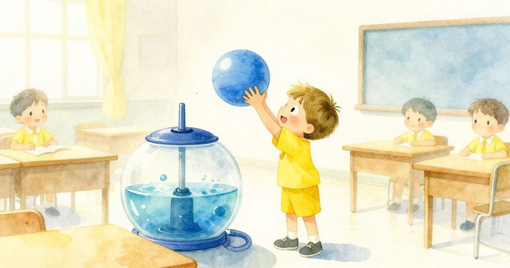 肯特在光線柔和的教室內,用橡膠球按壓水泵,展現好奇與探索,開始充滿活力的冒險。