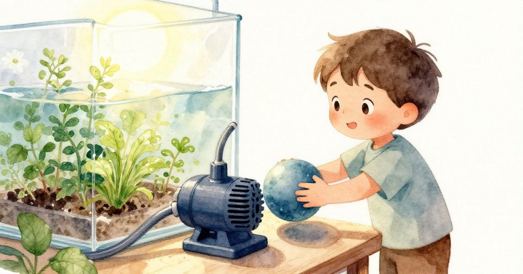 水族箱中的小魚好奇地觀察紙船在水花中輕漂,映出神奇光影,增添童話般驚喜與溫柔感。