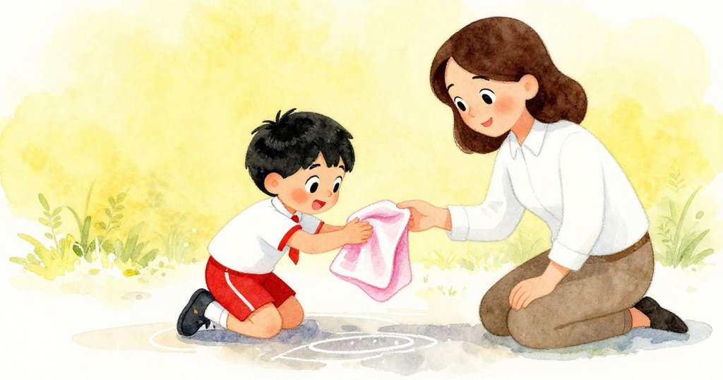 老師跪地用粉筆畫出濕跡,肯特主動遞毛巾,共同封阻水流,畫面充滿溫馨與互助情感。