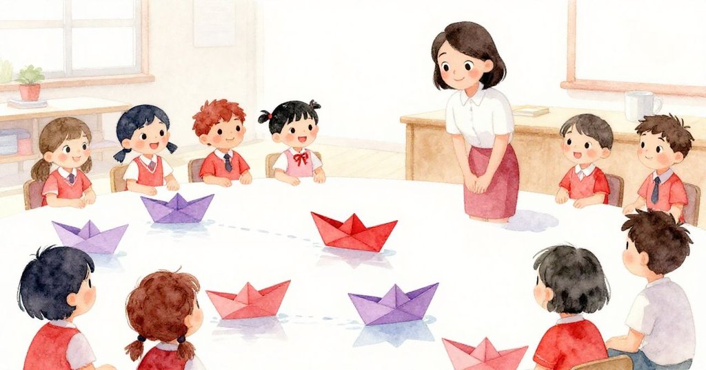 孩子們與老師、肯特圍聚觀察紙船漸行漸遠,教室充滿喜悅與祥和,迎來美好團聚結局。