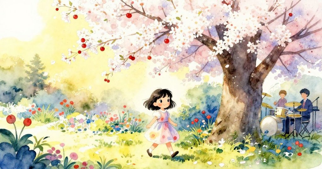 蘇姬在陽光明媚的花園裡輕快行走，背景有盛開的櫻花樹和遠處樂隊準備，臉上流露期待與喜悅。