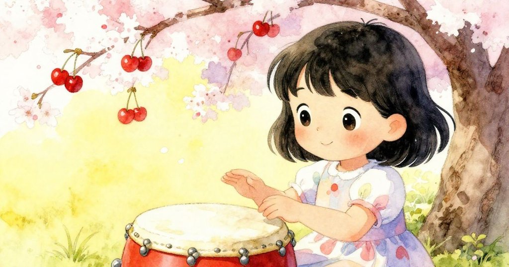 蘇姬仔細觸摸櫻桃樹下的小鼓，輕輕敲打木蓋，神情充滿好奇與決心，展現秘密探索瞬間。