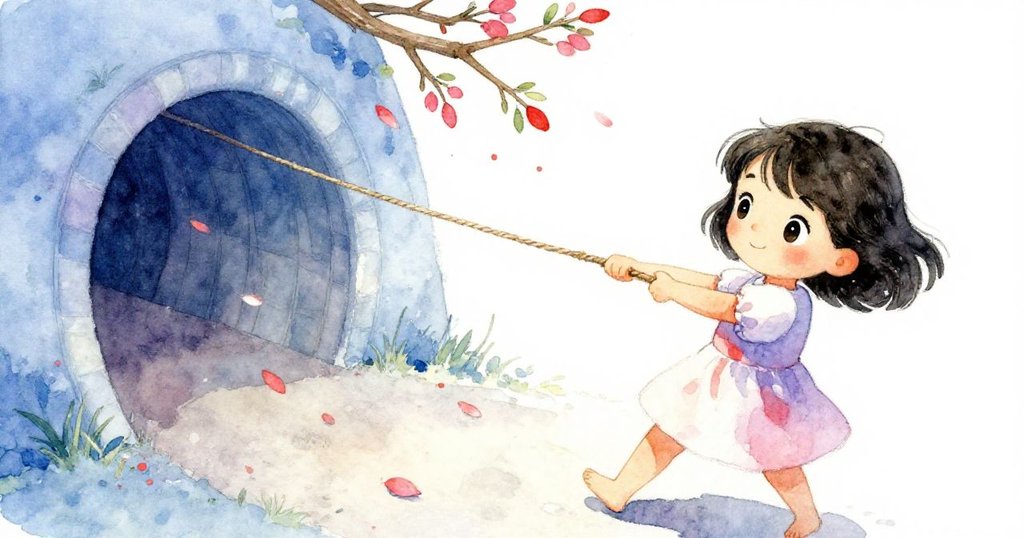 蘇姬從傾斜角度發現隱藏的通道，拉動繩索使上方樹枝下降，落瓣飛舞，神情專注充滿探險感。