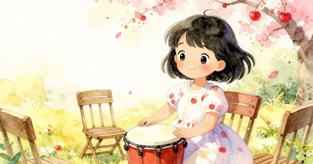 蘇姬小心提起小鼓，放置於等待的椅子旁，櫻花瓣輕舞落地，展現準備演奏的溫馨場景。