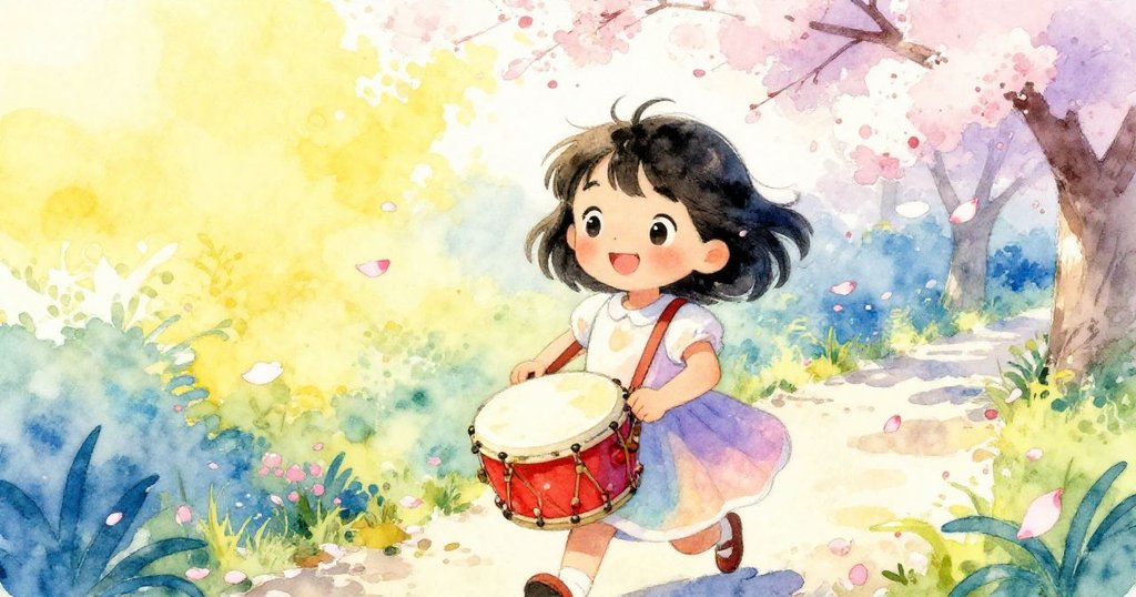 蘇姬歡快奔跑在花園小徑上，手持小鼓，花瓣隨風飛舞，展現充滿活力與期待的冒險旅程。