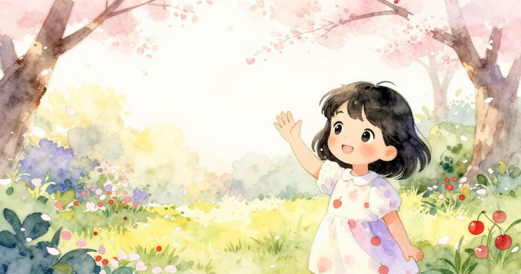 蘇姬揮手向迷人花園告別，背景櫻花瓣紛飛，夕陽柔光映照臉上滿足與溫馨，展現結束冒險的寧靜時刻。