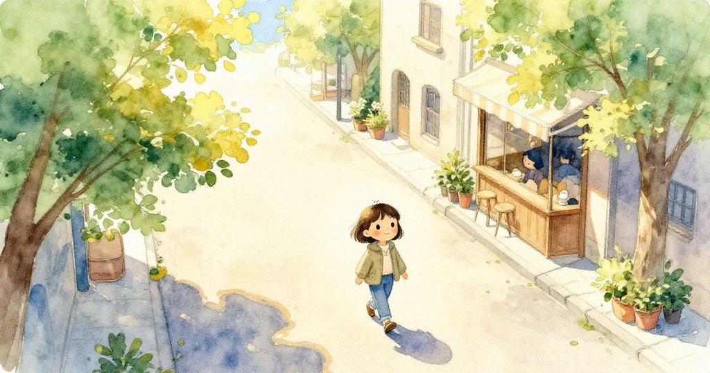 Olive穿著輕便服裝走在溫暖金色街道上，遠處咖啡館隱約可見，花蕾靜靜綻放。