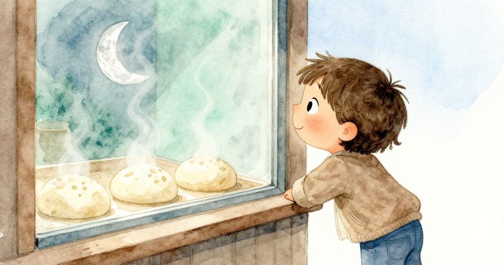 從背後看Olive傾身觀察窗內發酵麵團與外面緩緩升起的銀月，充滿期待與神秘氛圍。