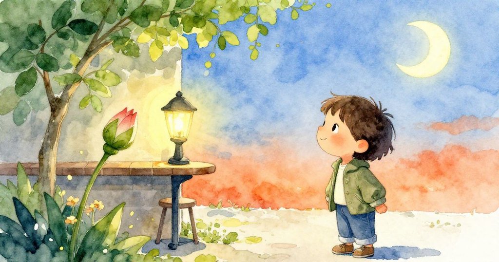 Olive站在戶外角落欣賞花蕾輕展與小燈溫暖光芒交織的景致，月光柔和映照。