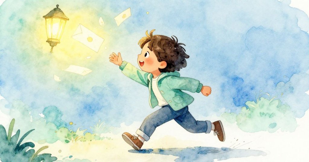 Olive輕快追趕燈光下飛舞的字母，動作俏皮，充滿追逐樂趣與溫暖陽光氛圍。