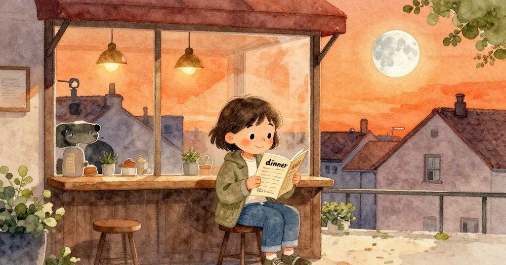 Olive在夕陽餘暉中閱讀咖啡館菜單，臉上露出寧靜滿足笑容，銀月高懸屋頂映出和諧景致。