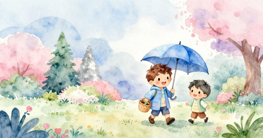 格蘭特在家庭花園中行走，手持籃子與藍色雨傘迎接初雨，兄弟緊隨，展露驚奇與期待。
