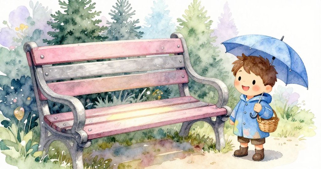 格蘭特近距離觀察木凳上閃耀的溫暖條紋和流動水滴，細膩木紋展現自然質感與靜謐情懷。