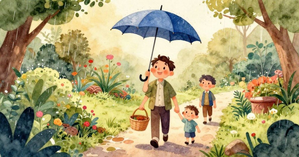 花園中由小生物視角捕捉溫暖足跡於濕泥上流動輕霧，細膩展現神秘跡象與探索初現。