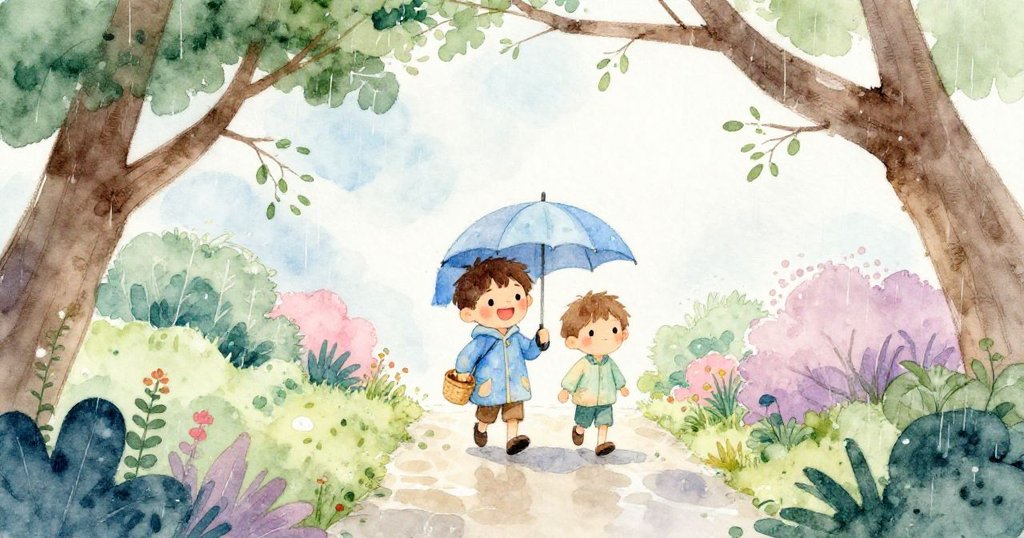 從高處俯瞰，格蘭特與兄弟沿濕潤小徑前行，雨中花園細節豐富，展現期待與柔和情感。