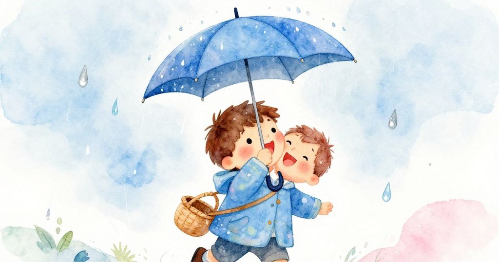 格蘭特歡快舉起藍色雨傘迎接雨滴，動感姿態與明亮笑容表露冒險與驚喜。