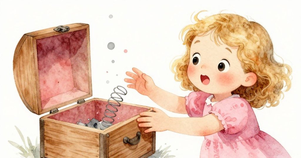 小女孩使勁搖晃盒子，使金屬彈簧活力四射地彈出，手部細節清晰，充滿歡樂與好奇心。