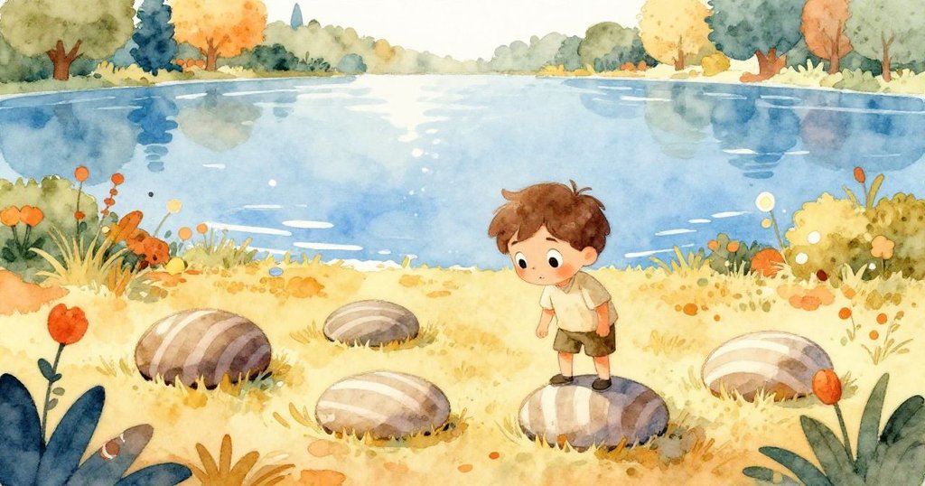 在寧靜花園中,Joel站在湖畔觀察四顆異紋石頭,陽光灑下,臉上流露出好奇與期待,情境寧和。