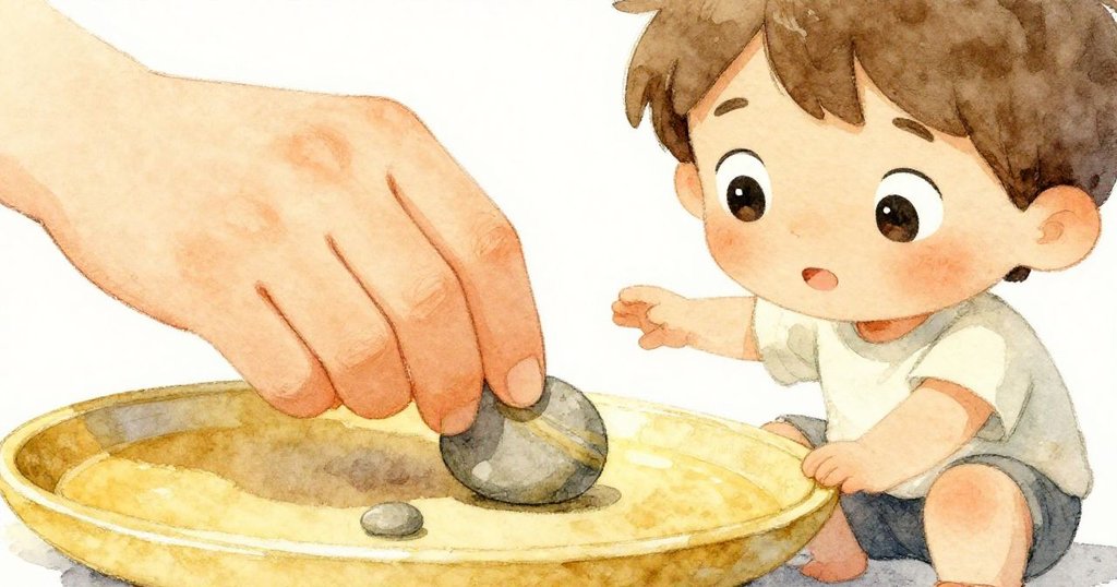 Joel的小手輕捧著帶有獨特條紋的石頭,細膩紋理清晰可見,正小心翼翼地放入托盤,專注而溫柔。