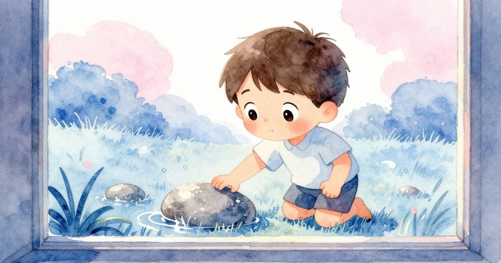 透過玻璃窗見到Joel正專心拾起濕滑石頭,眼神堅定,窗上反射出花園柔和光影,情境溫馨細緻。