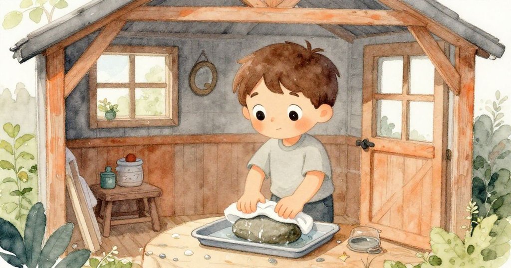 在溫馨花園小屋內,Joel用毛巾仔細擦乾濕石並整齊放入托盤,木質牆面與暖光襯托出專注與溫暖情懷。