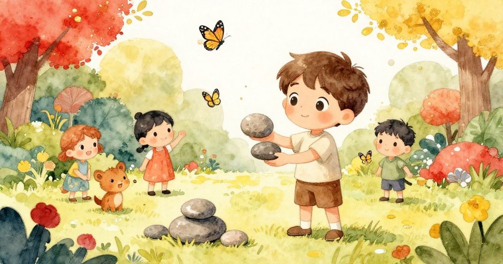 在充滿活力的花園中,Joel滿心喜悅地展示整齊石頭,蝴蝶飛舞、小動物圍繞,臉上洋溢著成功與快樂的笑容。