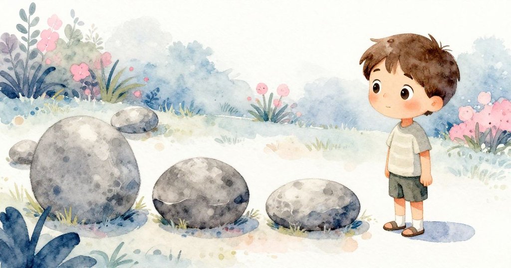 在寧靜花園中,Joel靜立凝望整齊石徑,石頭象徵著前進與關懷,柔和光線與自然景致營造出平和滿足氛圍。