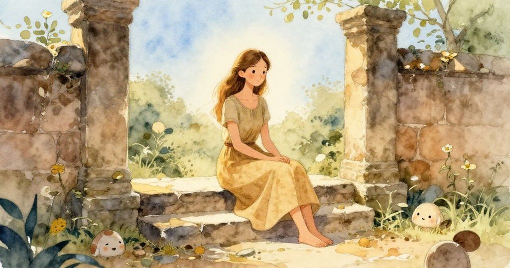 在晨光中,女子坐於石階上等待工作坊,柔光映照髮絲,背景呈現寧靜庭院景致與溫暖氣息。