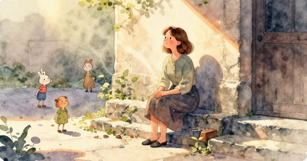 女子特寫眼神專注柔和,肩上輕落一片乾葉,背景隱約呈現石階質感與暖光照映。