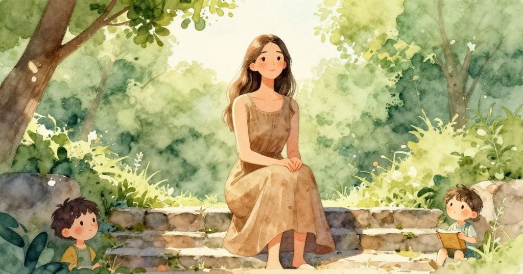 低角度視角呈現女子端正身姿,靜待鐘聲響起,石階與庭院中透出大地色調與自然溫暖。