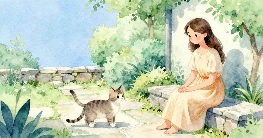 從上方俯瞰庭院,石階與自然細節盡現,女子安坐中央,背景中貓咪緩步而近充滿期待。