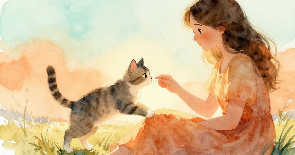 中景捕捉貓咪輕跳至女子膝上,溫柔觸碰手部引發驚喜,晨光映襯下環境靜謐温暖。