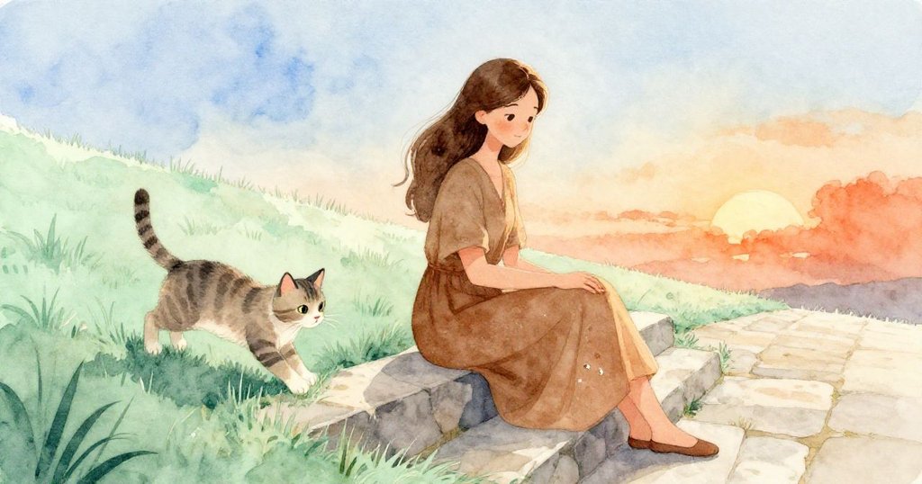 寬景展現女子靜待新程,貓咪跳向綠茵,油漆滴點袖上,情境平靜中透露著微妙變化與希望。