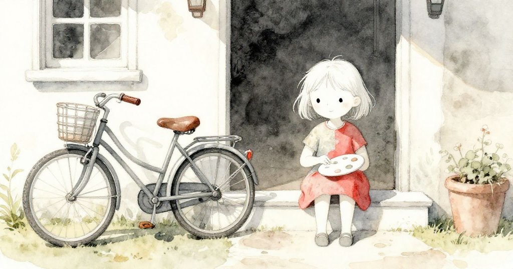 Tess 坐在前台階上，旁邊有自行車，溫暖陽光灑落，氛圍寧靜充滿溫馨與期待情感。