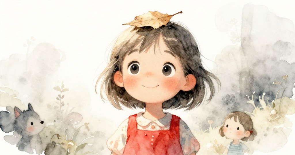 Tess 臉部特寫，頭上樹葉如帽輕落，她驚喜注視，溫柔陽光襯托出自然神奇瞬間。