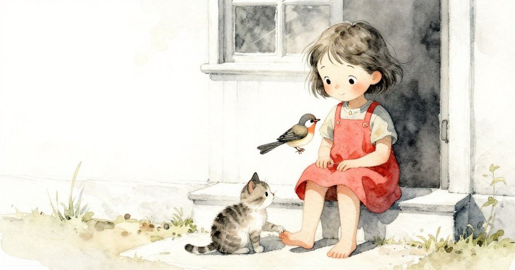 Tess 靜坐前台階，分割畫面中，一隻小鳥輕觸肩膀；小貓溫柔蹭腳踝，自然互動溫情流露。