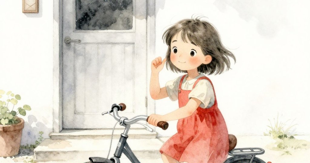 Tess 側身感受微風吹拂，自行車車把輕觸她的手臂，背後家門靜立，畫面流露溫馨與安定。