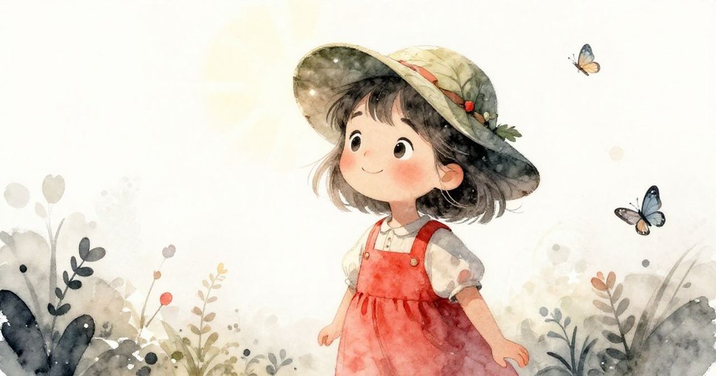 Tess 靜心呼吸，臉上展露微笑，樹葉帽上閃爍光芒，蝴蝶點綴，自然慶祝溫柔魔法時刻。