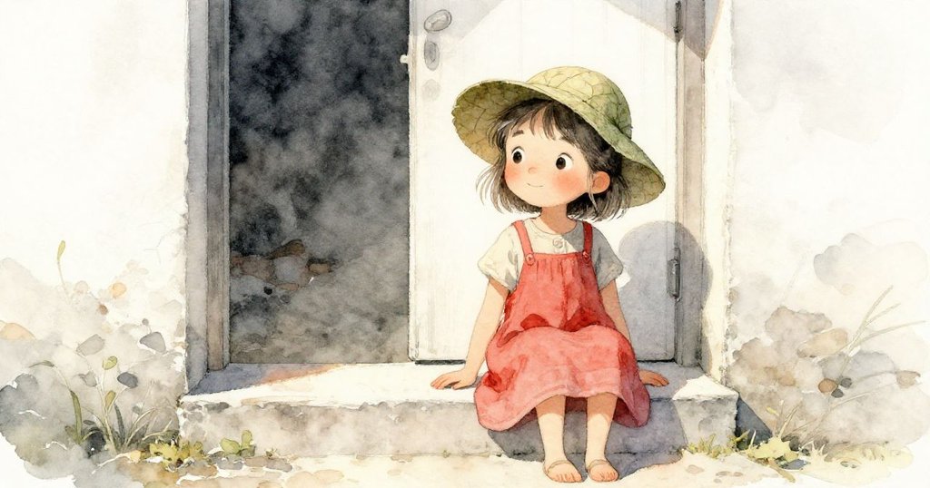 Tess 平靜坐於前台階，樹葉帽穩留髮上，金色光線柔和散發寧靜，畫面洋溢平和與沉思情感。