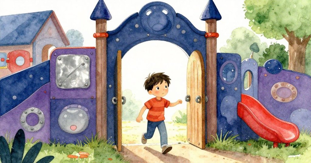 班走進晨光中的遊樂場入口，臉上滿是期待與好奇，背景樹木與光影交錯呈現和諧氣氛。