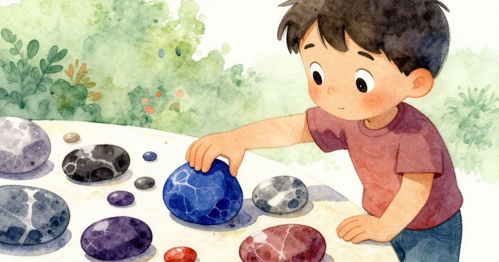班蹲桌邊，專心挑選一塊閃耀藍光的小石頭，桌上散落多彩石子，晨光下細節清晰。