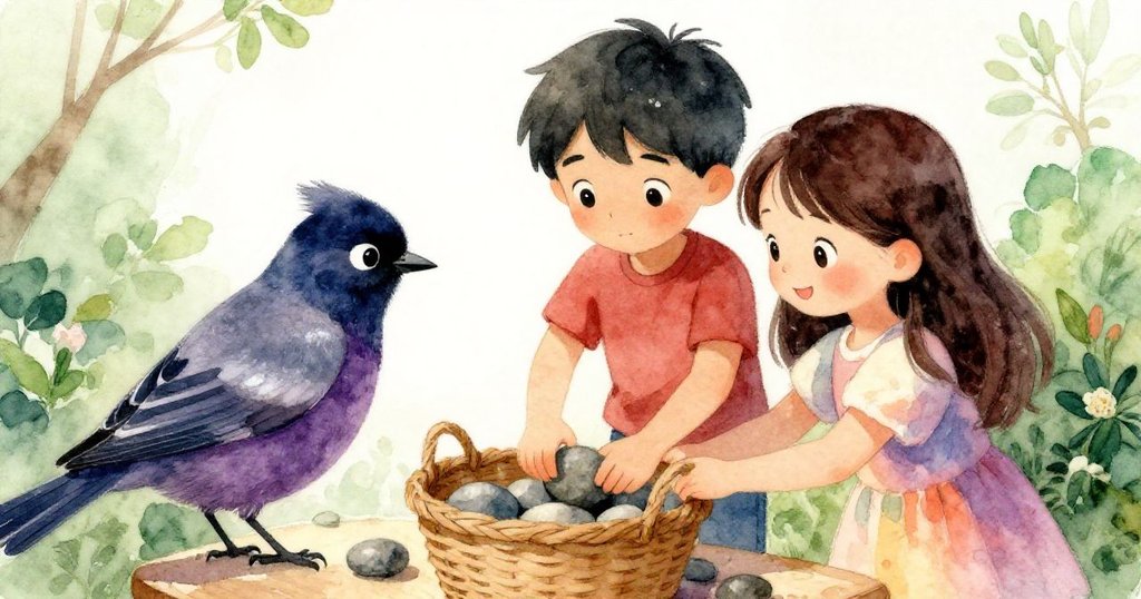 從小鳥視角看見班與妹妹合作將石頭放進籃子，動作自然溫馨，晨光中表現細節生動。