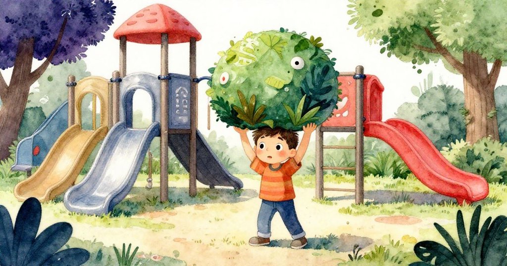 班在明亮的遊樂場中舉起一塊覆滿綠葉的石頭，好奇探查細節，背景樹木與光影交織。